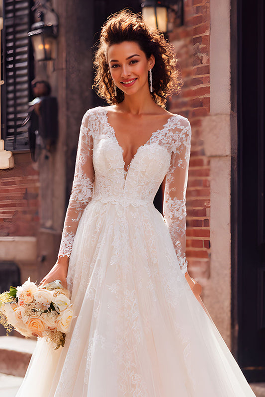 Ivory Tulle V-Neck Princess Long Sleeves Wedding Dress with Appliques