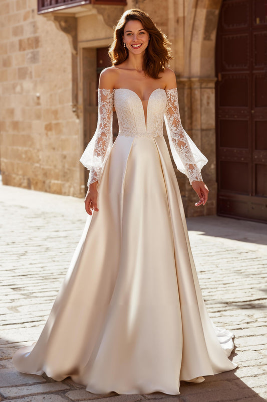 Ivory Satin Off the Shoulder Princess Wedding Dress with Sleeves