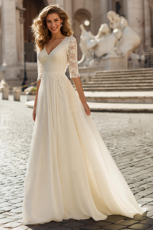 Ivory Chiffon V-Neck A-Line Half Sleeves Wedding Dress with Sleeves