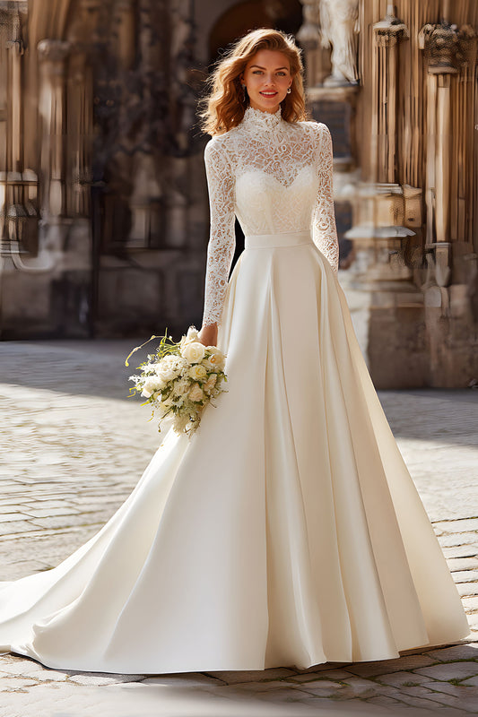 Ivory High Neck Satin Princess Long Sleeves Wedding Dress