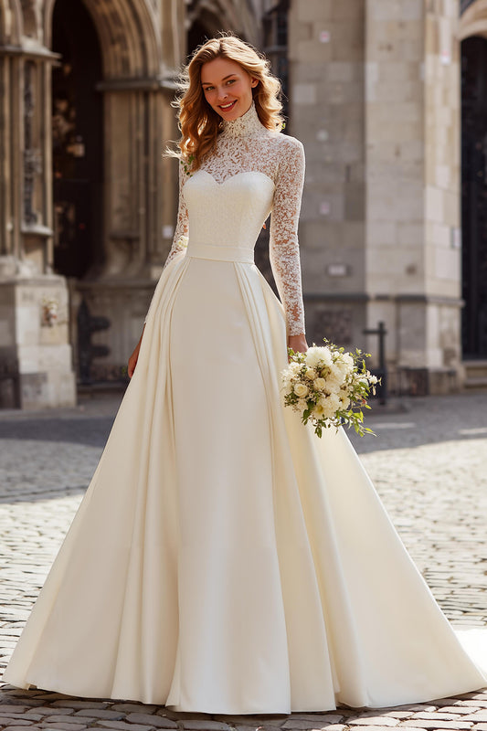 Ivory High Neck Satin Ball Gown Long Sleeves Sweep Train Wedding Dress