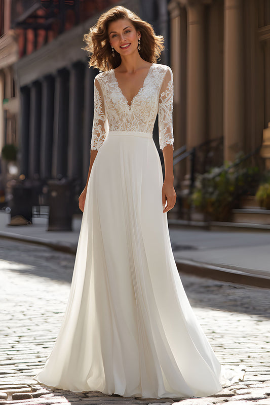 Ivory V-Neck Chiffon A-Line Half Sleeves Wedding Dress