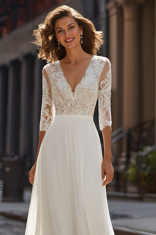 Ivory V-Neck Chiffon A-Line Half Sleeves Wedding Dress