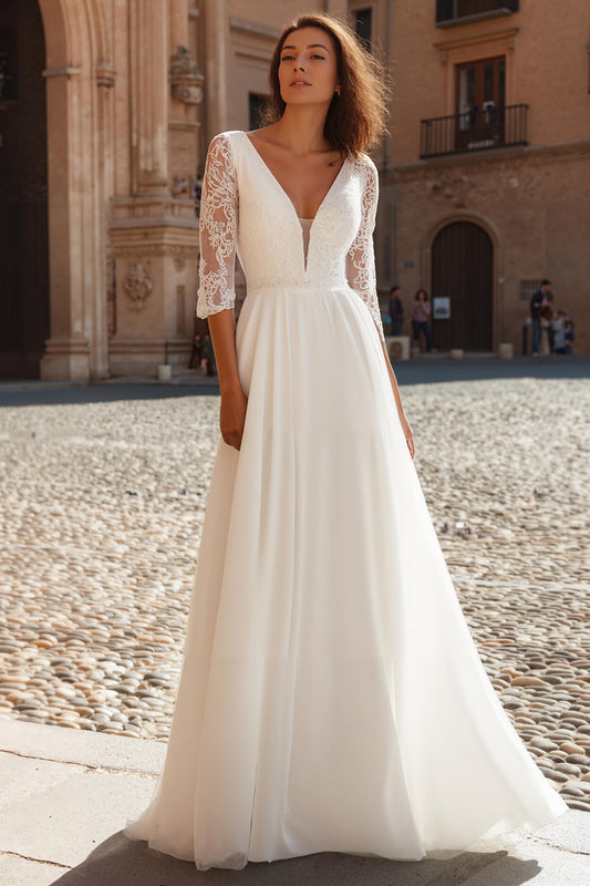 Ivory V-Neck Chiffon A-Line Wedding Dress with Sleeves