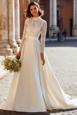 Vintage Ivory High Neck Satin Ball Gown Wedding Dress with Sleeves