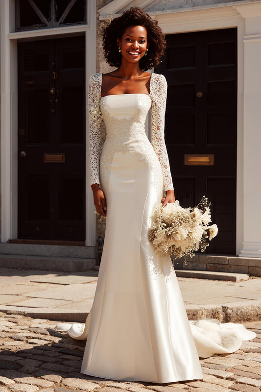 Ivory Satin Mermaid Square Neck Wedding Dress with Sleeves