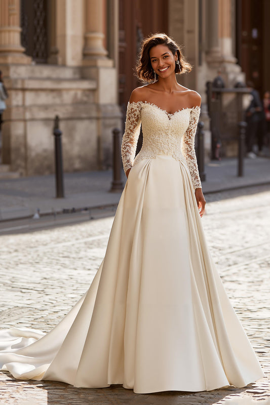 Ivory Satin Off the Shoulder Ball Gown Wedding Dress with Sleeves