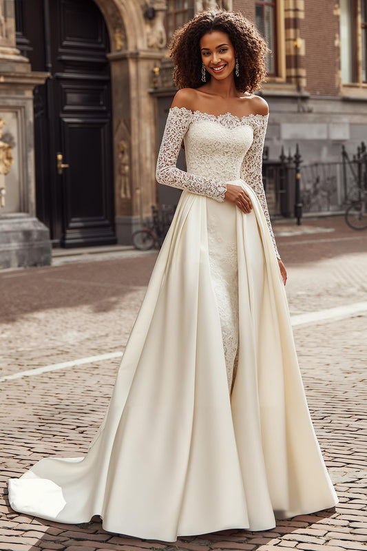 Ivory Off the Shoulder Satin Princess Wedding Dress with Sleeves