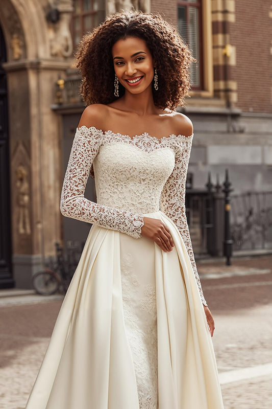 Ivory Off the Shoulder Satin Princess Wedding Dress with Sleeves