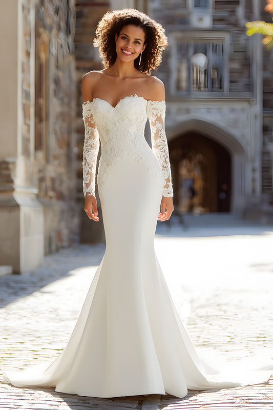 White Satin Mermaid Long Sleeves Wedding Dress with Lace