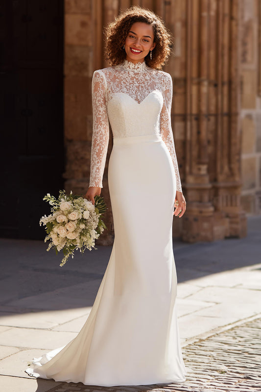 Ivory Chiffon High Neck Mermaid Vintage Wedding Dress with Sleeves