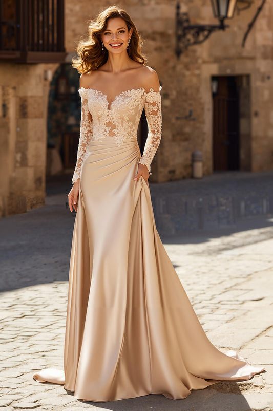 Champagne Satin Off the Shoulder Long Wedding Dress with Sleeves
