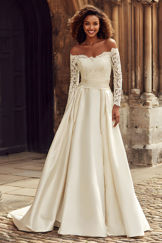 Ivory Off the Shoulder Satin Princess Long Sleeves Wedding Dress with Lace