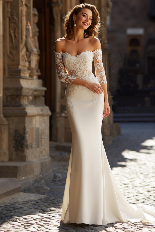 Ivory Satin Mermaid Off the Shoulder Wedding Dress with Sleeves