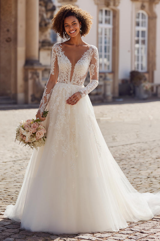 Ivory V-Neck Tulle Princess Long Sleeves Wedding Dress with Lace