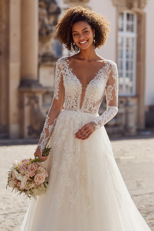 Ivory V-Neck Tulle Princess Long Sleeves Wedding Dress with Lace