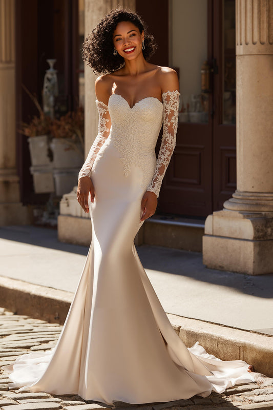 Ivory Satin Mermaid Sweep Train Wedding Dress with Sleeves