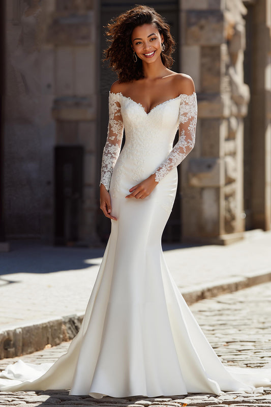 White Satin Mermaid Off the Shoulder Sweep Train Wedding Dress