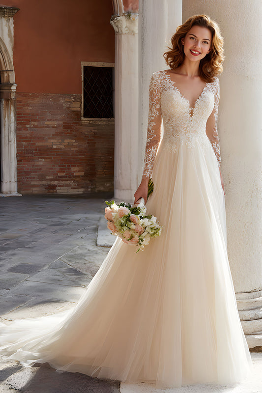 Ivory Tulle Princess V-Neck Long Sleeves Wedding Dress with Lace