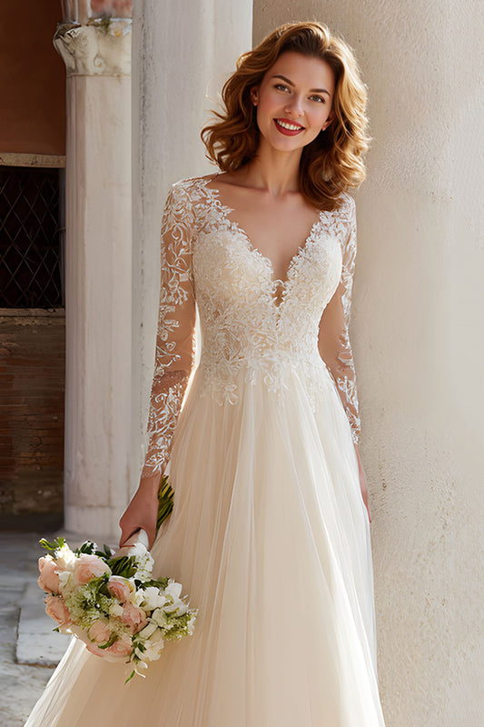 Ivory Tulle Princess V-Neck Long Sleeves Wedding Dress with Lace