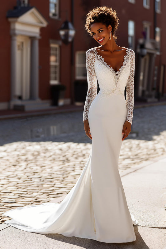 White Chiffon Mermaid V-Neck Long Sleeves Sweep Train Wedding Dress