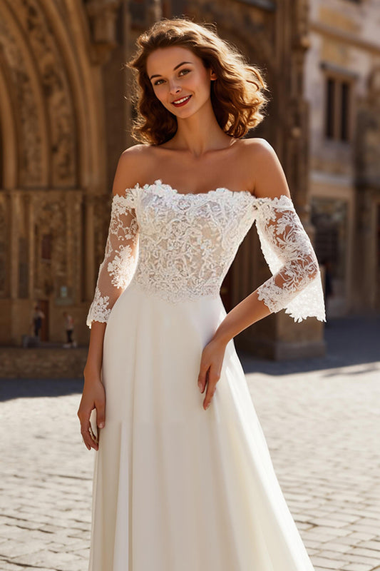 Ivory Chiffon A-Line Off the Shoulder Sweep Train Wedding Dress with Sleeves