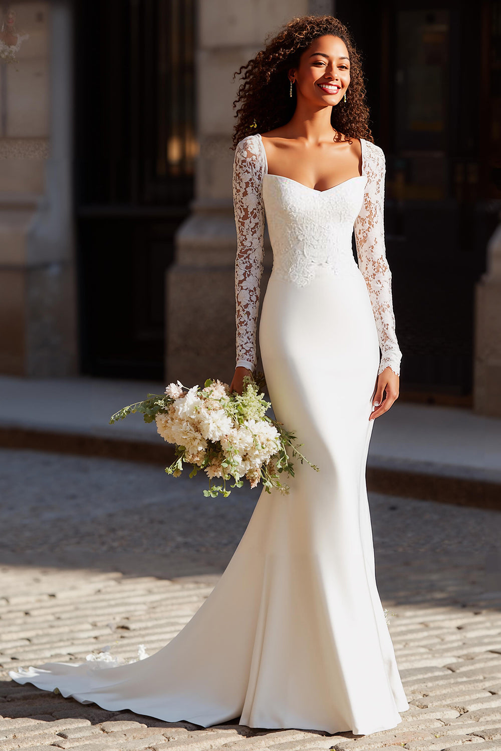 Zapakasa Women White Mermaid Long Sleeves Wedding Dress with Lace Scoop Neck Sweep Train Satin Bridal Dress Zapakasa Women White Mermaid Long Sleeves Wedding Dress with Lace Scoop Neck Sweep Train Satin Bridal Dress