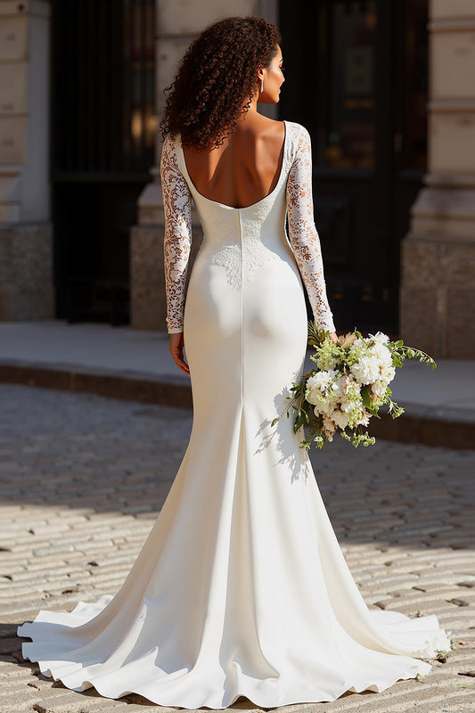 White Mermaid Scoop Neck Long Sleeves Wedding Dress with Lace
