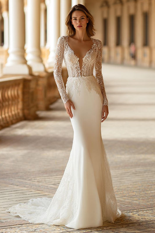 Ivory Mermaid V-Neck Sweep Train Wedding Dress with Lace