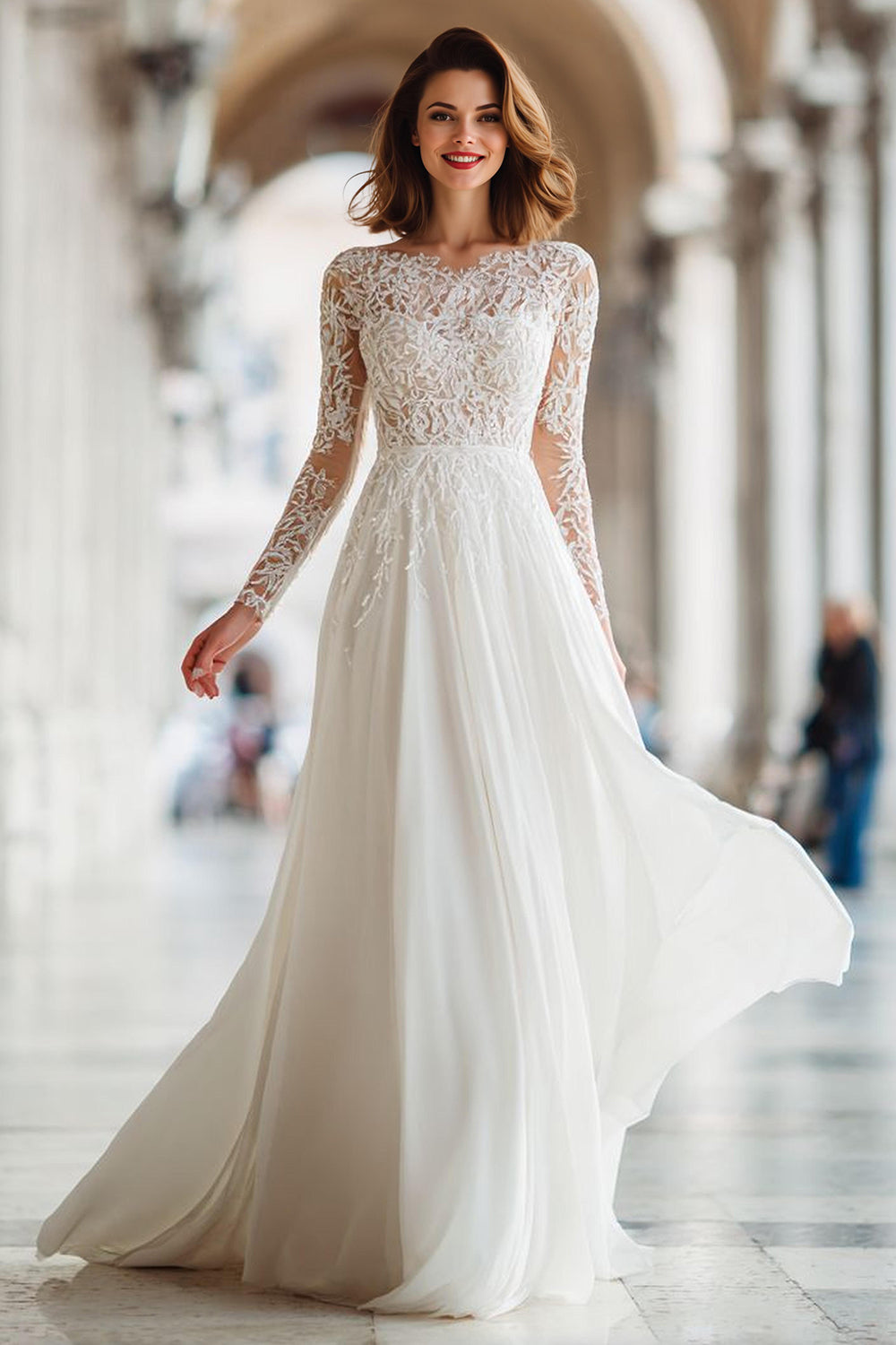 Zapakasa Women Ivory Chiffon Floor-Length Wedding Dress with Lace A Line Illusion Boat Neck Bridal Dress with Sleeves Zapakasa Women Ivory Chiffon Floor-Length Wedding Dress with Lace A Line Illusion Boat Neck Bridal Dress with Sleeves