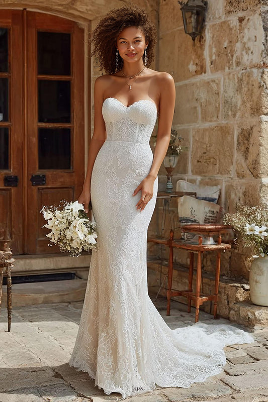 Ivory Corset Mermaid Lace Sweep Train Wedding Dress