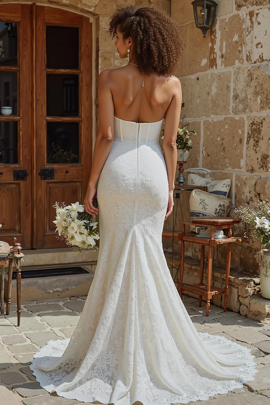 Ivory Corset Mermaid Lace Sweep Train Wedding Dress