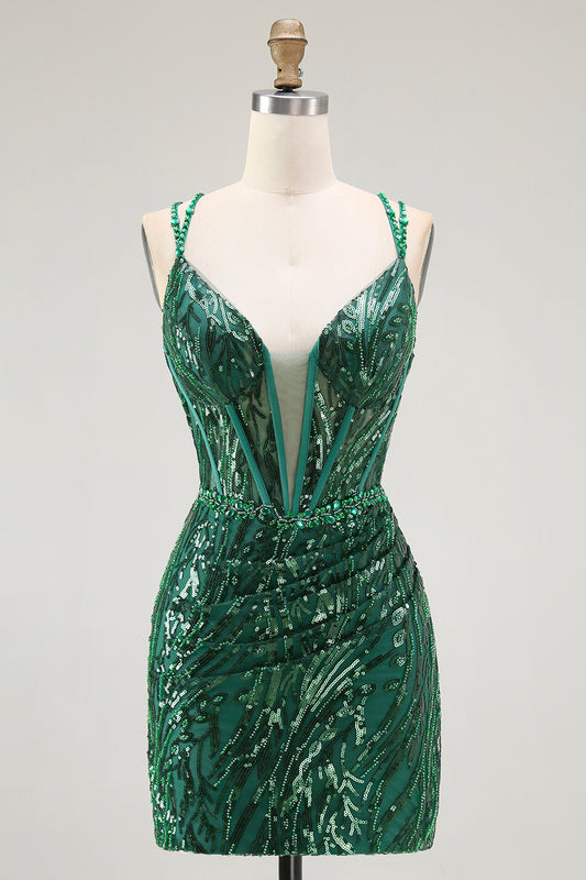 Sparkly Dark Green Corset Sequin Short Tight Homecoming Dress