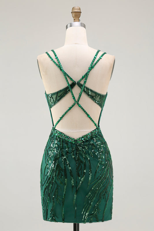Sparkly Dark Green Corset Sequin Short Tight Homecoming Dress