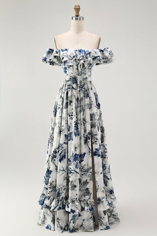 Blue Chiffon Floral A-Line Long Wedding Guest Dress with Ruffles