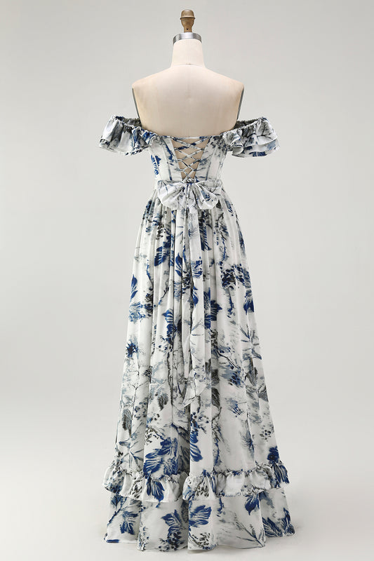 Blue Chiffon Floral A-Line Long Wedding Guest Dress with Ruffles