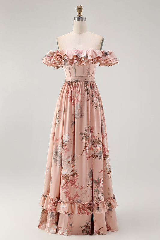 Blush Satin Floral A-Line Long Corset Wedding Guest Dress with Bow