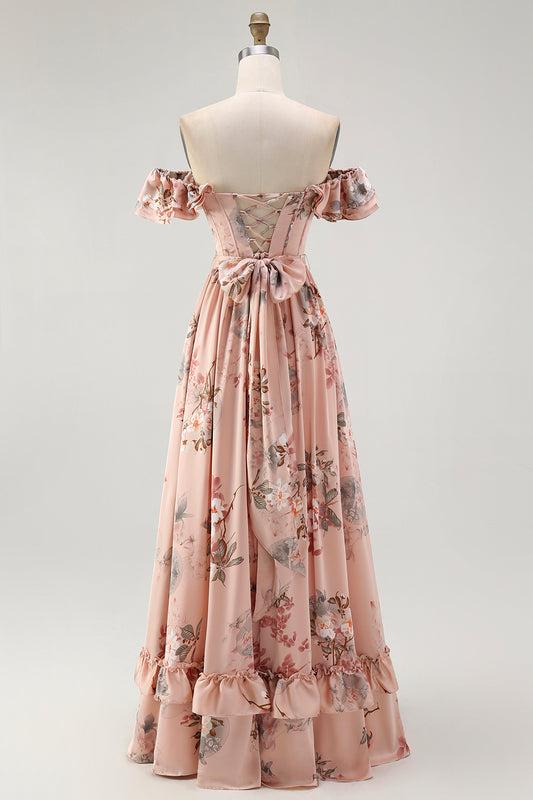 Blush Satin Floral A-Line Long Corset Wedding Guest Dress with Bow