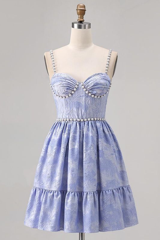 Sparkly Blue A Line Jacquard Short Homecoming Dress with Pearls