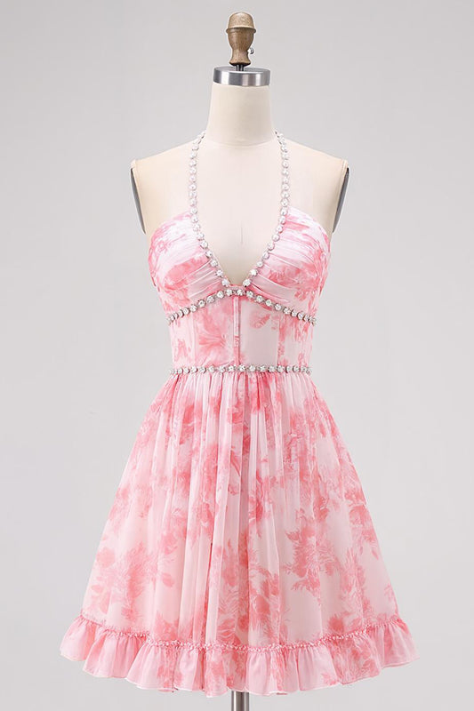 Sparkly Pink Halter Floral Pearls Short Homecoming Dress