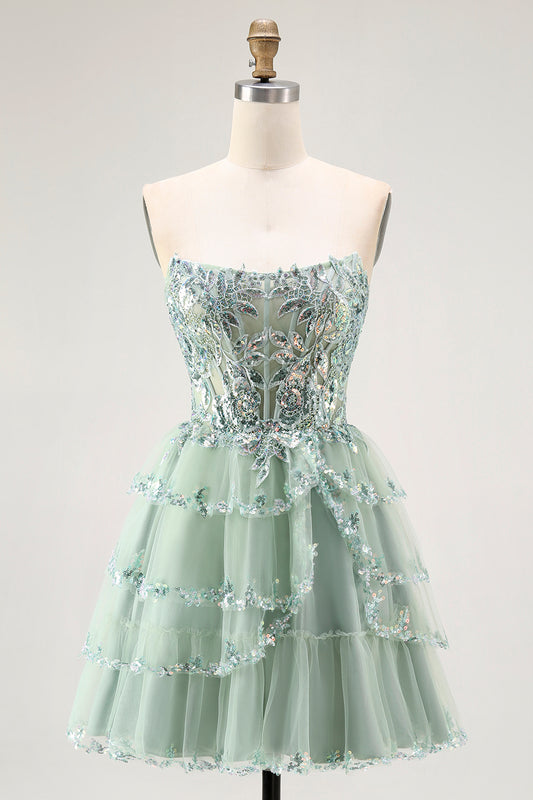 Sparkly Dusty Sage Strapless Short Tiered Homecoming Dress