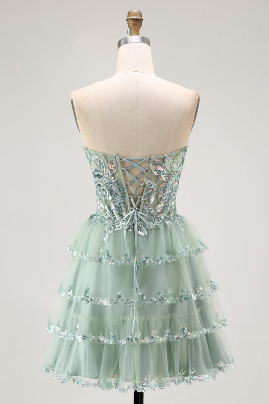 Sparkly Dusty Sage Strapless Short Tiered Homecoming Dress