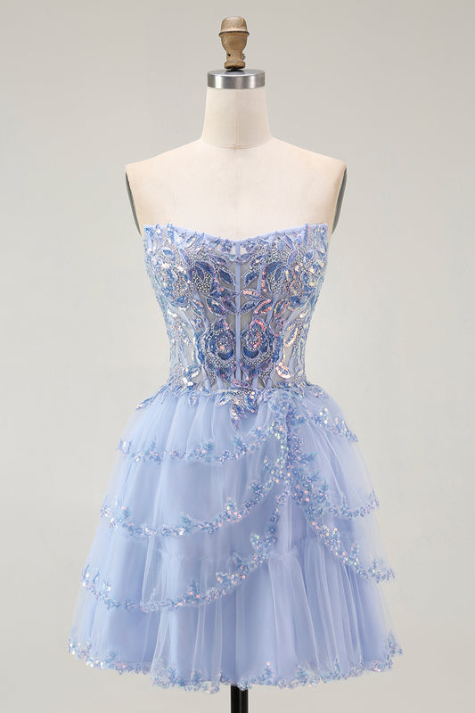 Sparkly Lavender Corset Strapless Short Tiered Homecoming Dress