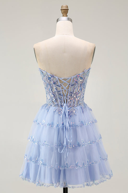 Sparkly Lavender Corset Strapless Short Tiered Homecoming Dress