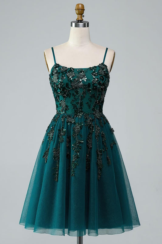 Sparkly Dark Green Short A Line Homecoming Dress with Beading