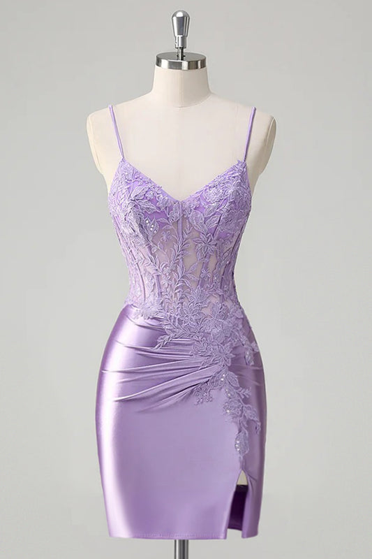 Lilac Floral Tight Corset Short Homecoming Dress with Slit
