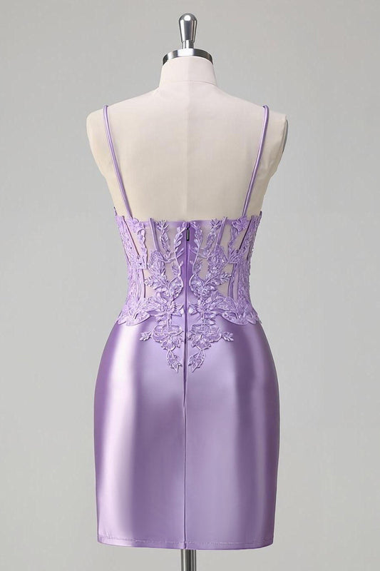 Lilac Floral Tight Corset Short Homecoming Dress with Slit