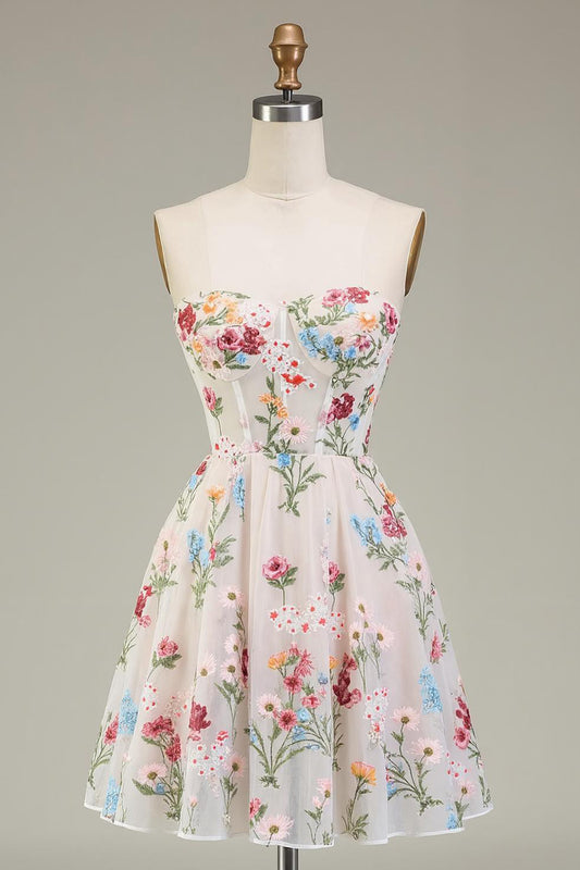 Ivory Floral Corset A Line Short Homecoming Dress