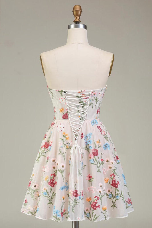 Ivory Floral Corset A Line Short Homecoming Dress