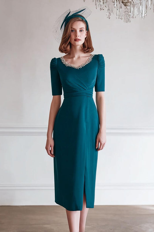Sparkly Peacock Blue Round Neck Midi Mother of the Bride Dress with Slit